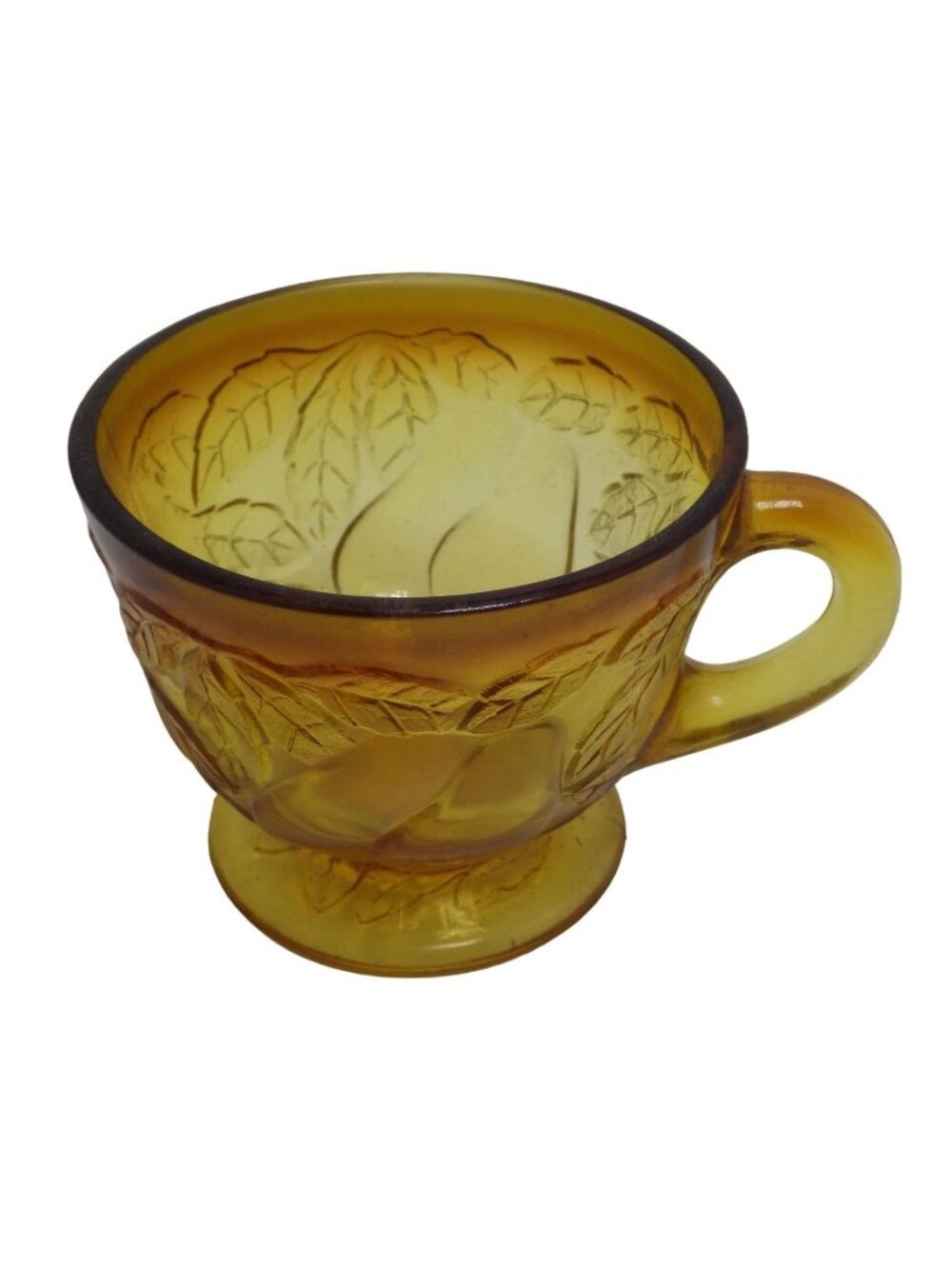 Carnival Glass Punch Cup Leaf Pears Pattern Iridescent Amber Vintage